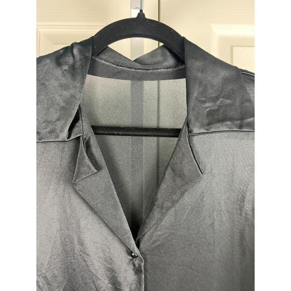 Vintage Black Nylon Button Front Collared Sheer Sleeve Blouse XL Goth Career - Picture 2 of 8